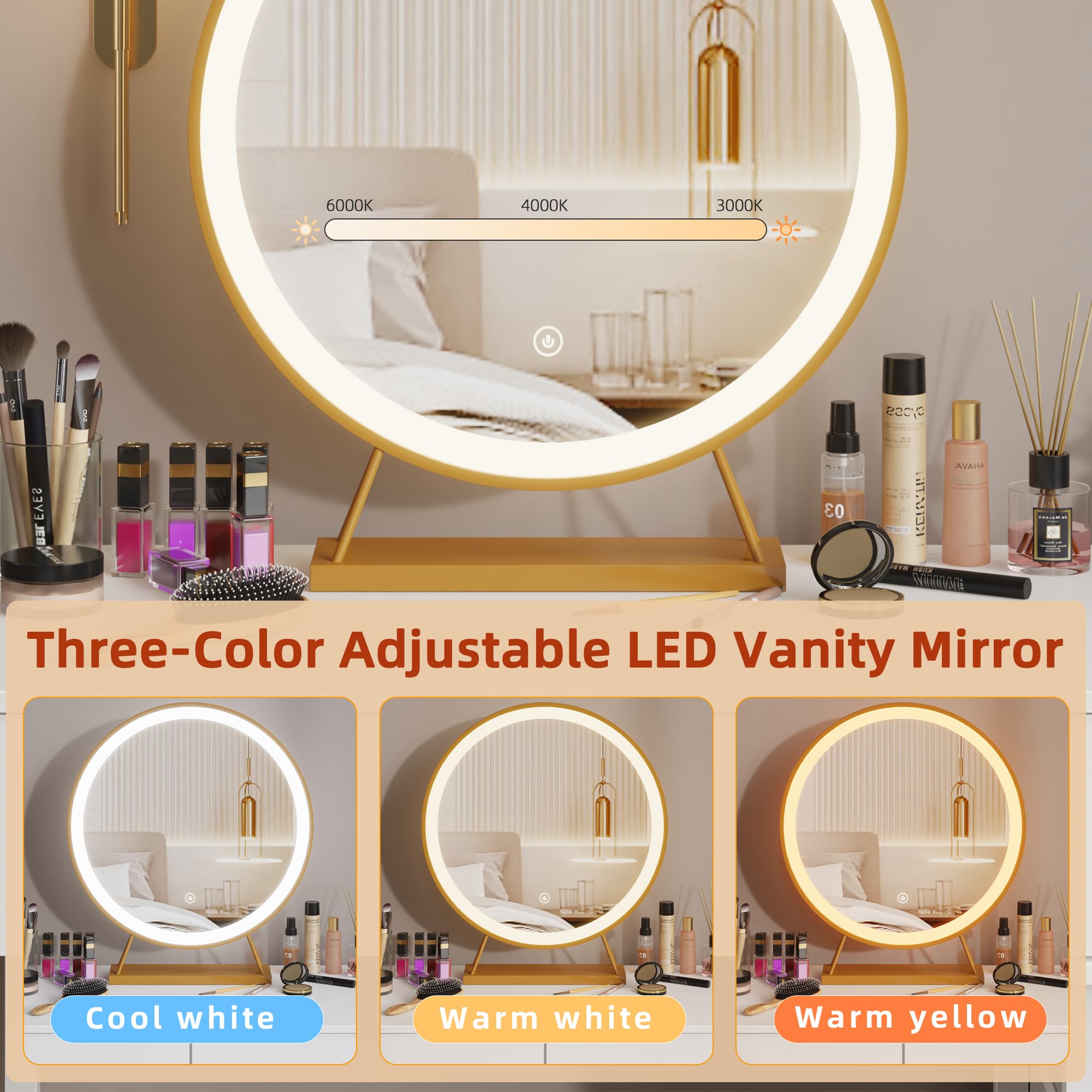 DSAFGGY Vanity Desk with Lighted Mirror and Stool, Makeup Vanity with 5 Drawers(3 Fabric), 3 Lighting Modes LED Mirror, Vanity Table for Bedroom Dresser Vanity Set, Girls Women Gift, White, 40.4" W