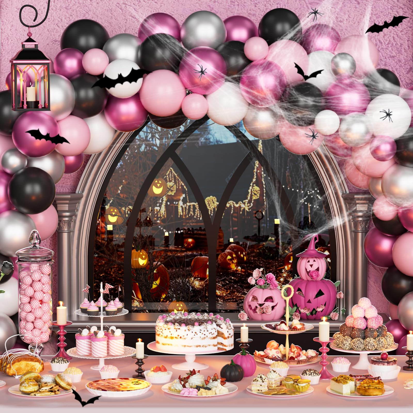 Fiesec Pink Halloween Balloon Garland Arch Kit, Halloween Themed Party Decorations with BOO Foil Balloons Spider Web Bat Ghost, Happy Boo Day Halloween Indoor Outdoor Yard Home Room Décor