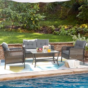 patio furniture set outdoor furniture - 4 pieces wicker patio conversation sets with loveseat, rattan seating outside patio set coffee table chair for lawn, deck, balcony, backyard. (light grey)