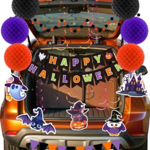 Happy Halloween Banner Halloween Party Decorations Indoor, Paper Pom Poms Triangle Flag Halloween Sign Hanging Garland Swirls Halloween Streamers for Trunk or Treat Decorations