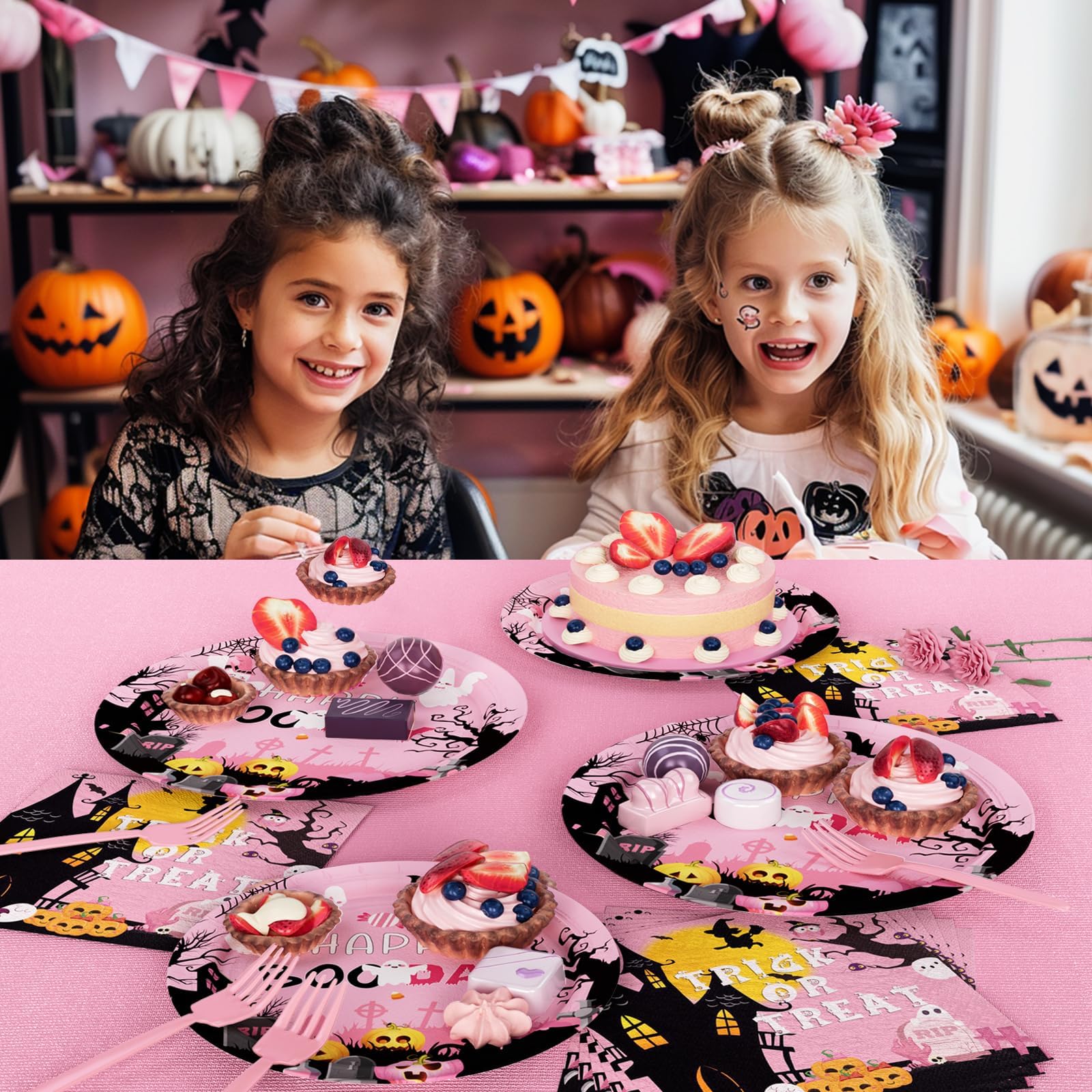 Fiesec Happy Boo Day Party Supplies Tableware Set, Pink Halloween Party Decorations for Girl, Trick or Treat Pumpkin Ghost Face Plates, Napkins, Forks, Serves 24 Guests