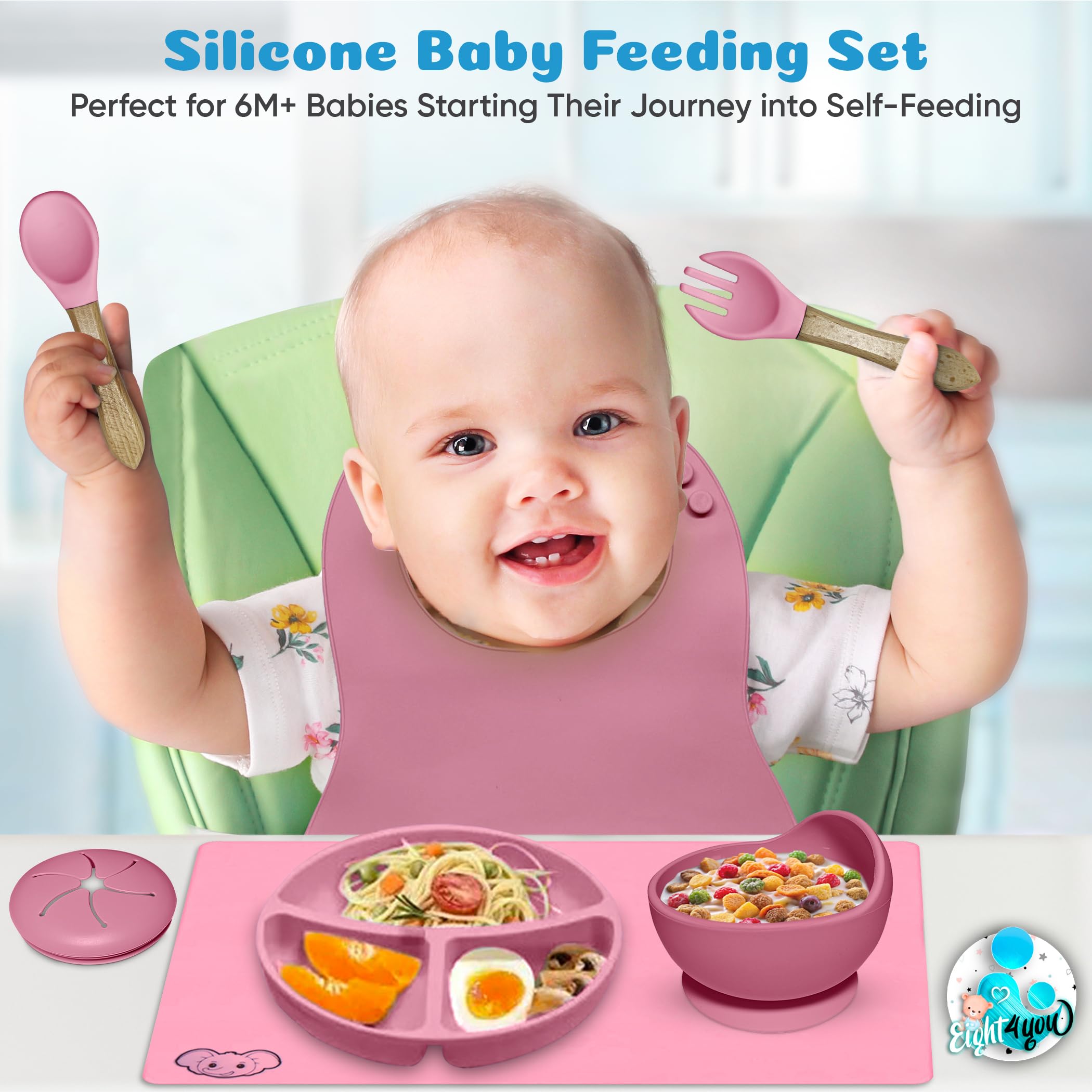 Eight4you Silicone Baby Feeding Set - Durable & Resistant Baby Feeding Set, Dishwasher Safe, Oven & Microwave Safe, food grade silicone material (pink)