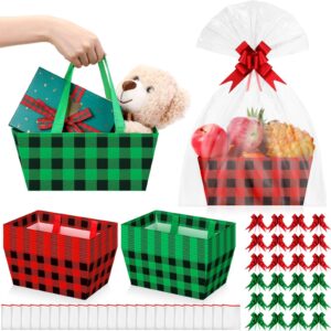 24 pcs christmas baskets for gifts empty gift basket kit with 24 plastic bags and 24 pull bows diy gift packages 9.8 x 6.5 x 4.3 inch cardboard basket for xmas birthday (red green,buffalo style)