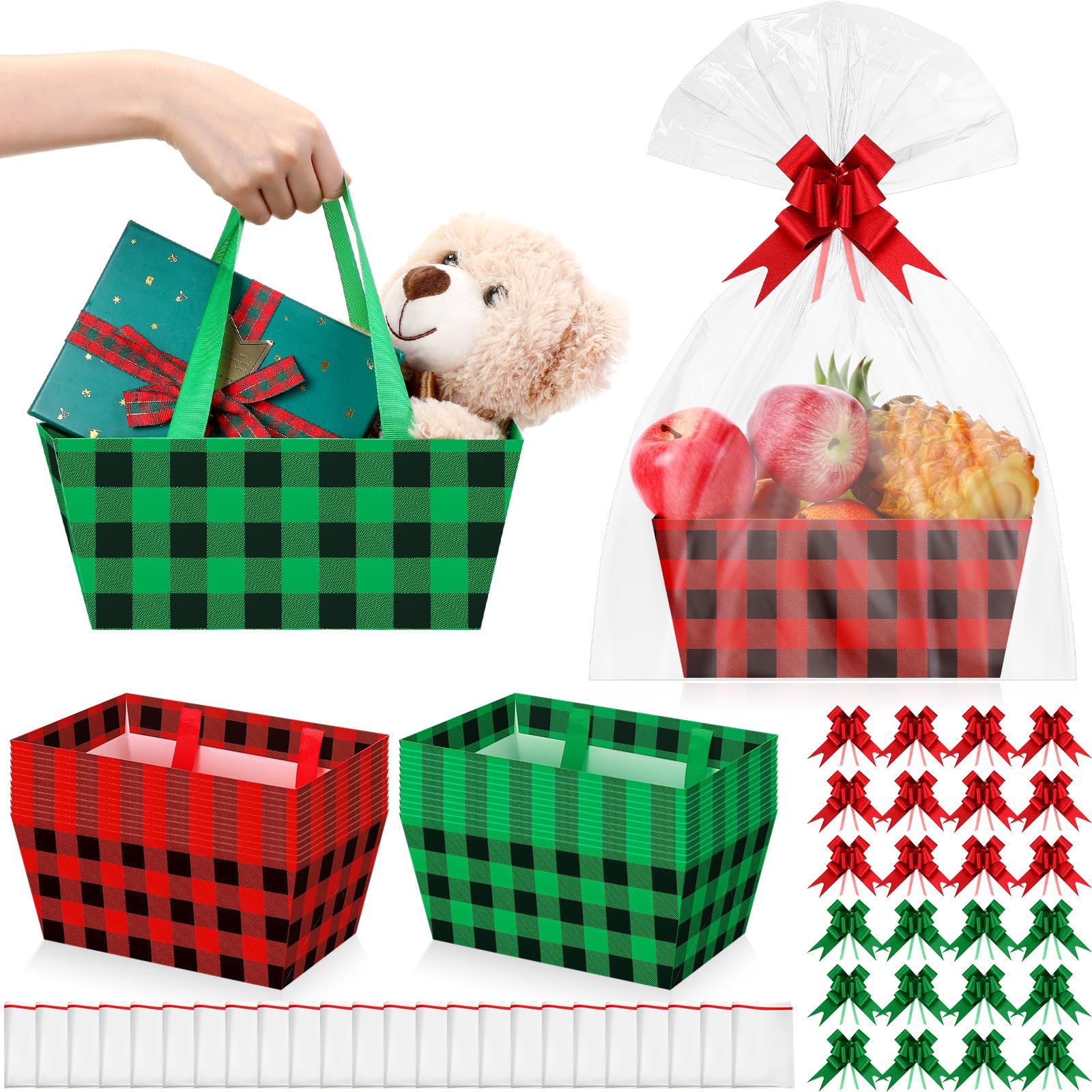 24 Pcs Christmas Baskets For Gifts Empty Gift Basket Kit with 24 Plastic Bags and 24 Pull Bows DIY Gift Packages 9.8 x 6.5 x 4.3 Inch Cardboard Basket for Xmas Birthday (Red Green,Buffalo Style)