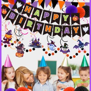 Happy Birthday Banner Halloween Birthday Party Decorations, Paper Pom Poms Triangle Flag Halloween Sign Hanging Garland Swirls Halloween Streamers for Birthday Party Supplies