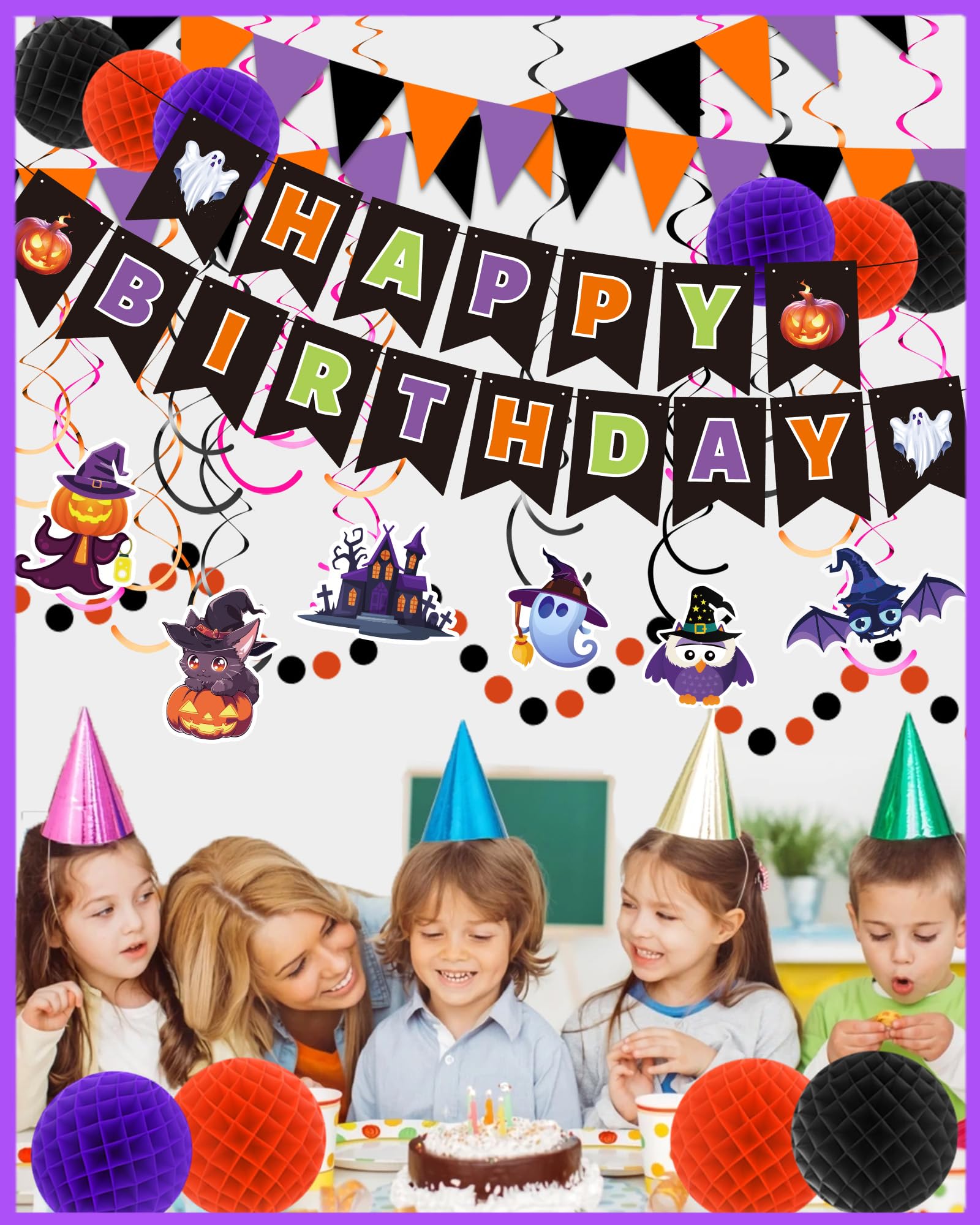 Happy Birthday Banner Halloween Birthday Party Decorations, Paper Pom Poms Triangle Flag Halloween Sign Hanging Garland Swirls Halloween Streamers for Birthday Party Supplies