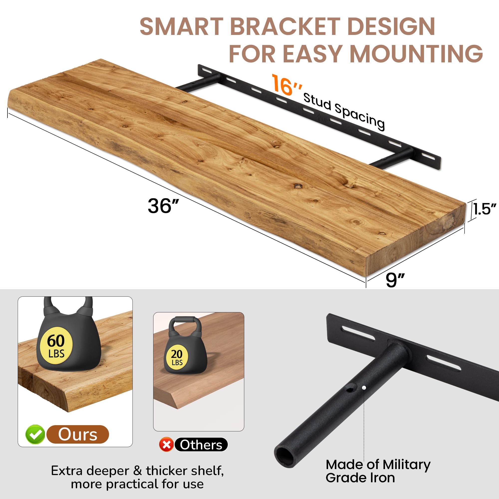 Fun Memories 36 Inch Floating Shelves Set of 2, 9.3" Deep Solid Elm Wood Floating Display Shelves, Wall Decor Shelves with Invisible Heavy-Duty Metal Bracket for Living Room Bedroom Kitchen, Natural