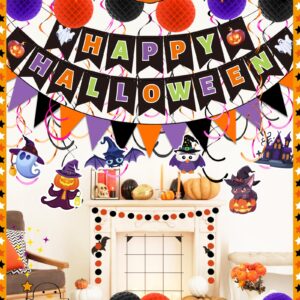 Oomloid Halloween Party Decorations Indoor - Happy Halloween Banner, Hanging Swirl Streamers, Halloween Sign Triangle Flag Bunting Halloween Supplies for Trunk or Treat Decorations