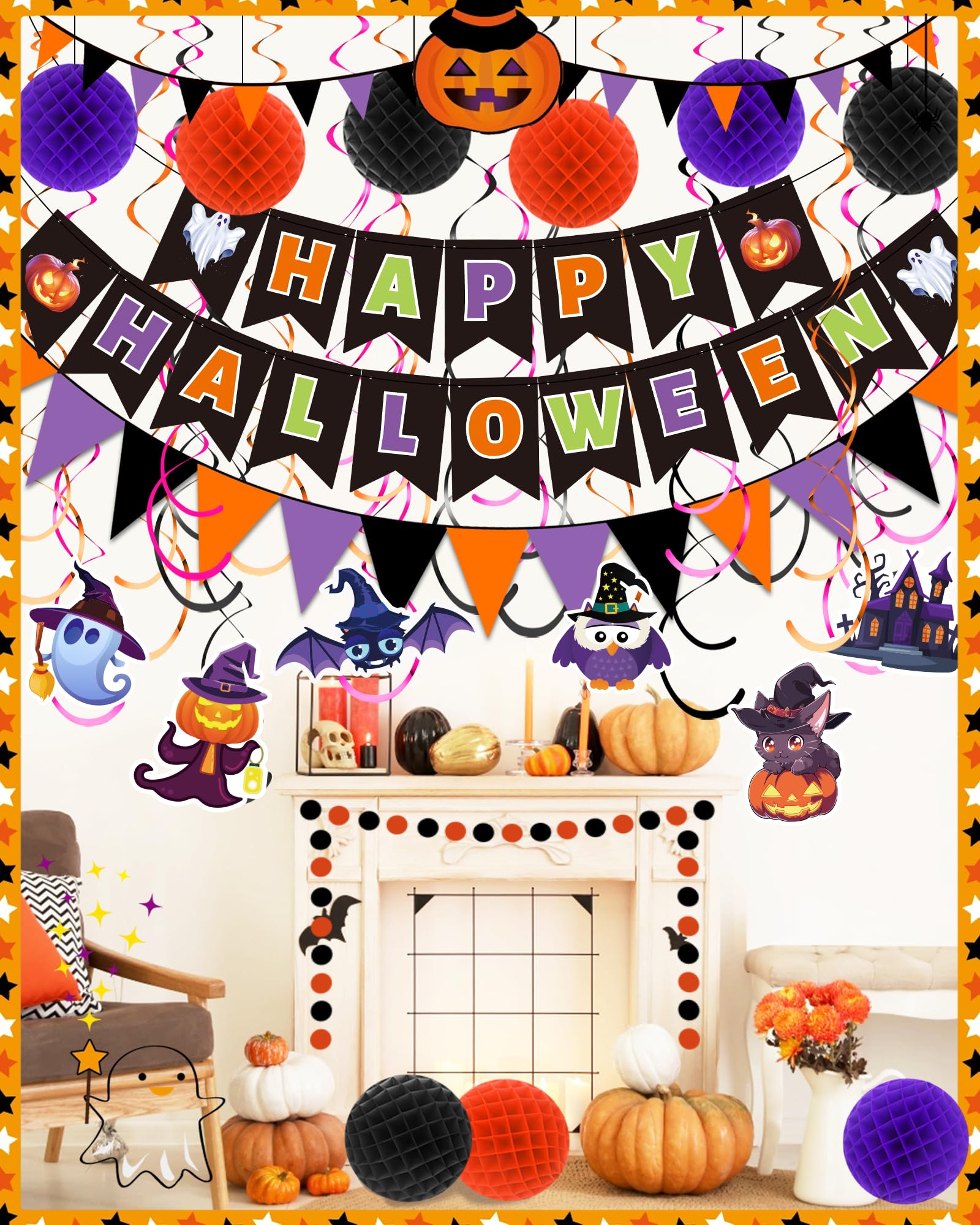 Oomloid Halloween Party Decorations Indoor - Happy Halloween Banner, Hanging Swirl Streamers, Halloween Sign Triangle Flag Bunting Halloween Supplies for Trunk or Treat Decorations