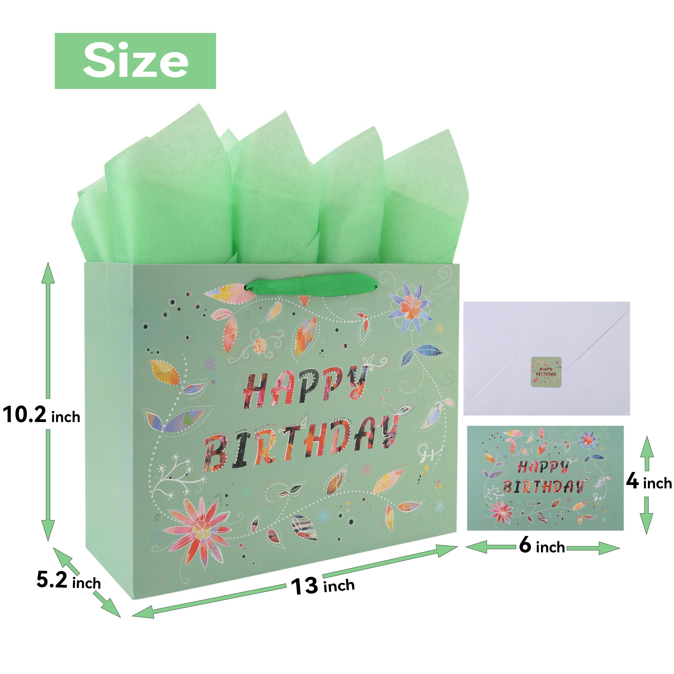 13” Large Happy Birthday Gift Bag Set with Handles, Greeting Card, Tissue Papers and Stickers for Women Girls, Green Floral Design, 1 Pcs