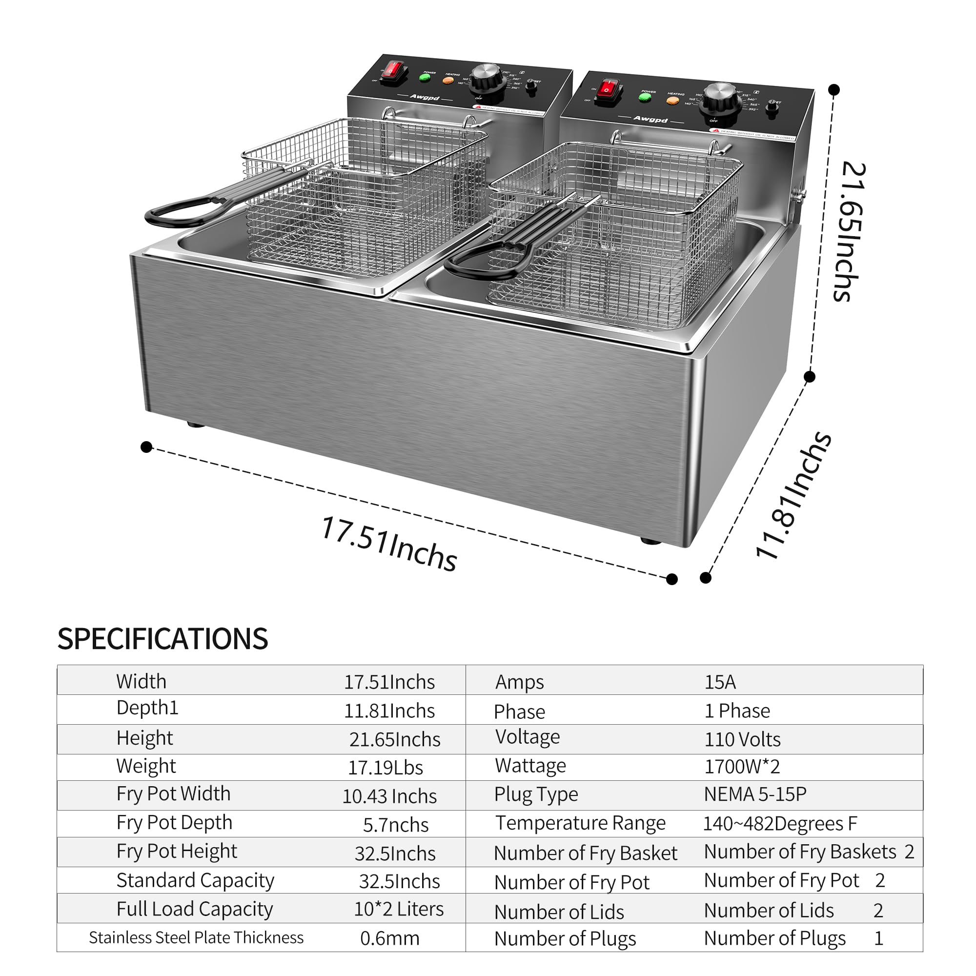 Commercial Deep Fryer with Baskets Stainless Steel Double Deep Fryer with 2 Baskets Capacity 10L X 2(21.2QT) Electric Countertop Fryer for Restaurant and Home Use, 110V 3400W