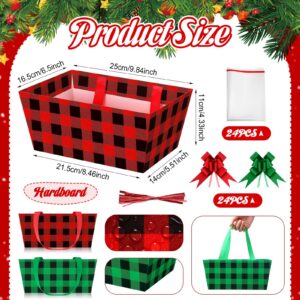 24 Pcs Christmas Baskets For Gifts Empty Gift Basket Kit with 24 Plastic Bags and 24 Pull Bows DIY Gift Packages 9.8 x 6.5 x 4.3 Inch Cardboard Basket for Xmas Birthday (Red Green,Buffalo Style)