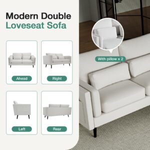 Novilla 68.5 Inch Modern Loveseat Sofa Couches, Small Sofa with 2 Waist Pillows, Natural Linen Upholstered Couch for Living Room, Bedroom and Apartment, Solid Wood Frame, Easy to Install, White