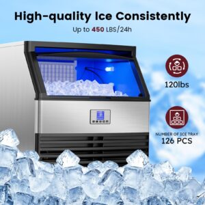 Commercial Ice Machine, 450 Lbs/24H, Under Counter Ice Machine with 120 Lbs Storage, Stainless Steel Freestanding ice Maker Machine Ice Cube Ready in 8-12 Mins, Self Cleaning with Water Filter