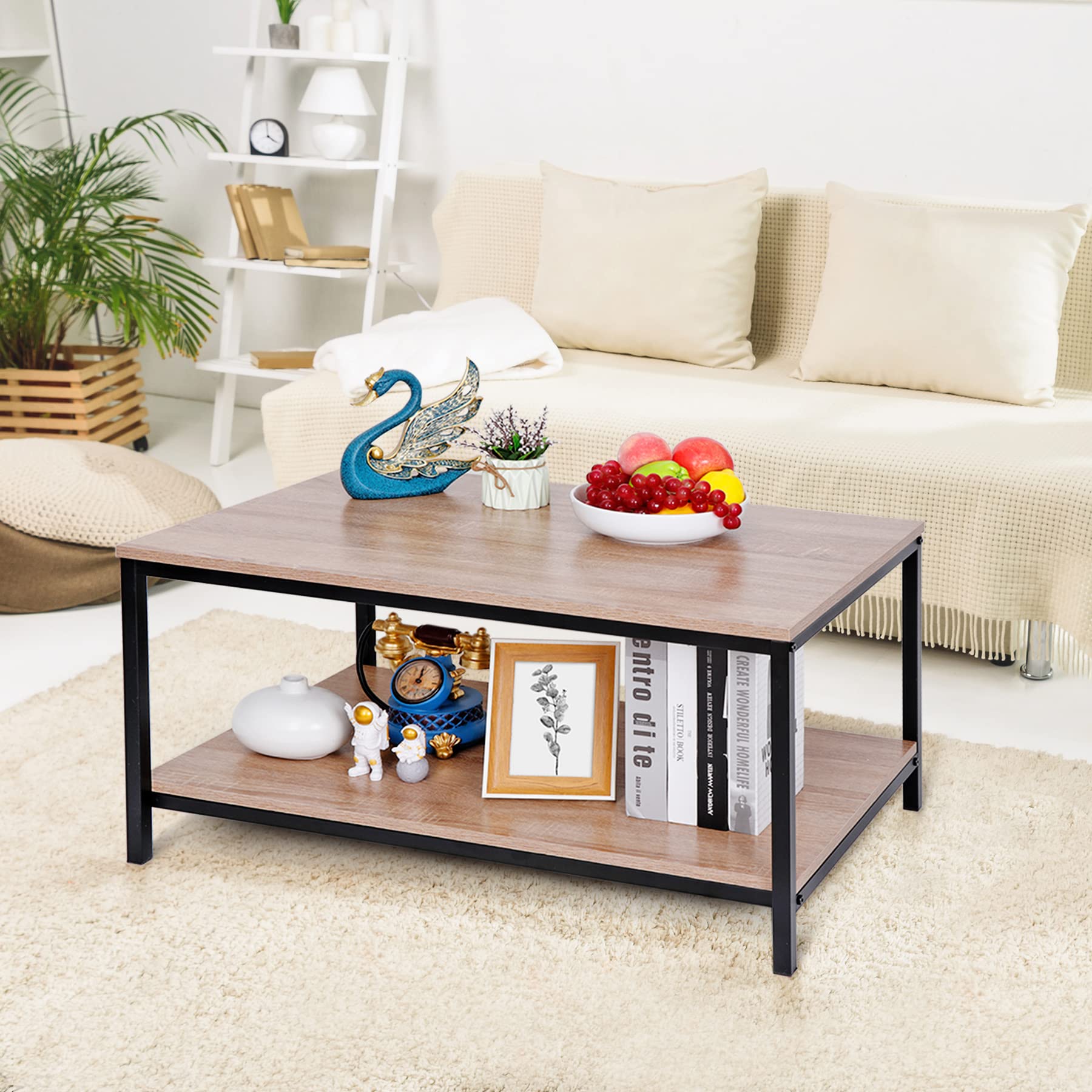 LEMY Coffee Table with Storage Shelf, 2-Tier Wooden Tables for Living Room, Bedroom, Office, Natural