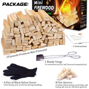 WiFER Mini Fire Stick with Fire Starter & Tongs, 4'' Kiln-Dried Pine Great Firewood for Wood Stoves, Tabletop Fire Pit, BBQ Grill, Pizza Oven, Solo Stove Accessories, BBQ Accessories, 10 lb Box