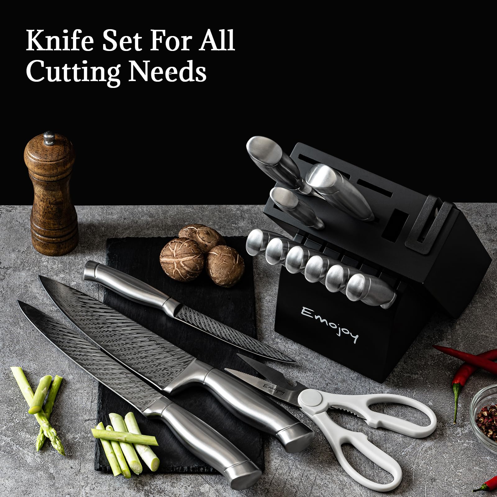 Knife Set,Emojoy 15 Pieces Kitchen Knife Set with block, Knife Block Set with Built-in Sharpener,High Carbon Stainless Steel Sharp Chef Knife Set with Hollow Handle