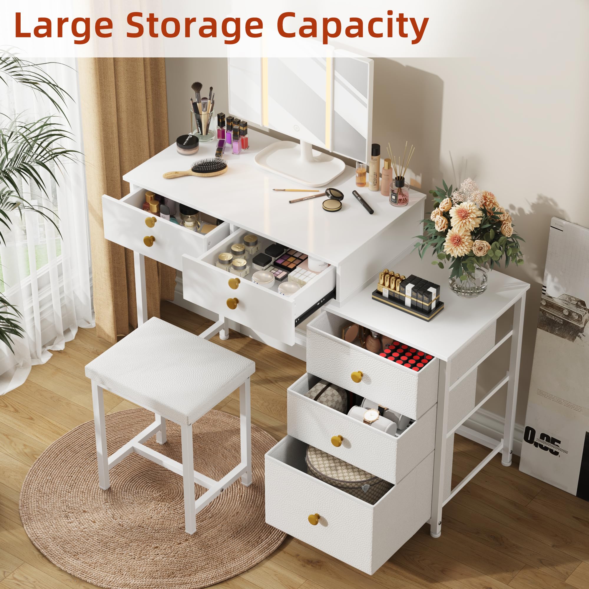 DSAFGGY Vanity Desk with 5 Drawers and Mirror & 3 Lighting Modes, Makeup Vanity with 5 Large Drawers for Bedroom - 41 Inch White