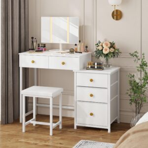 DSAFGGY Vanity Desk with 5 Drawers and Mirror & 3 Lighting Modes, Makeup Vanity with 5 Large Drawers for Bedroom - 41 Inch White