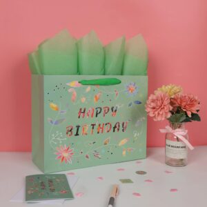 13” Large Happy Birthday Gift Bag Set with Handles, Greeting Card, Tissue Papers and Stickers for Women Girls, Green Floral Design, 1 Pcs