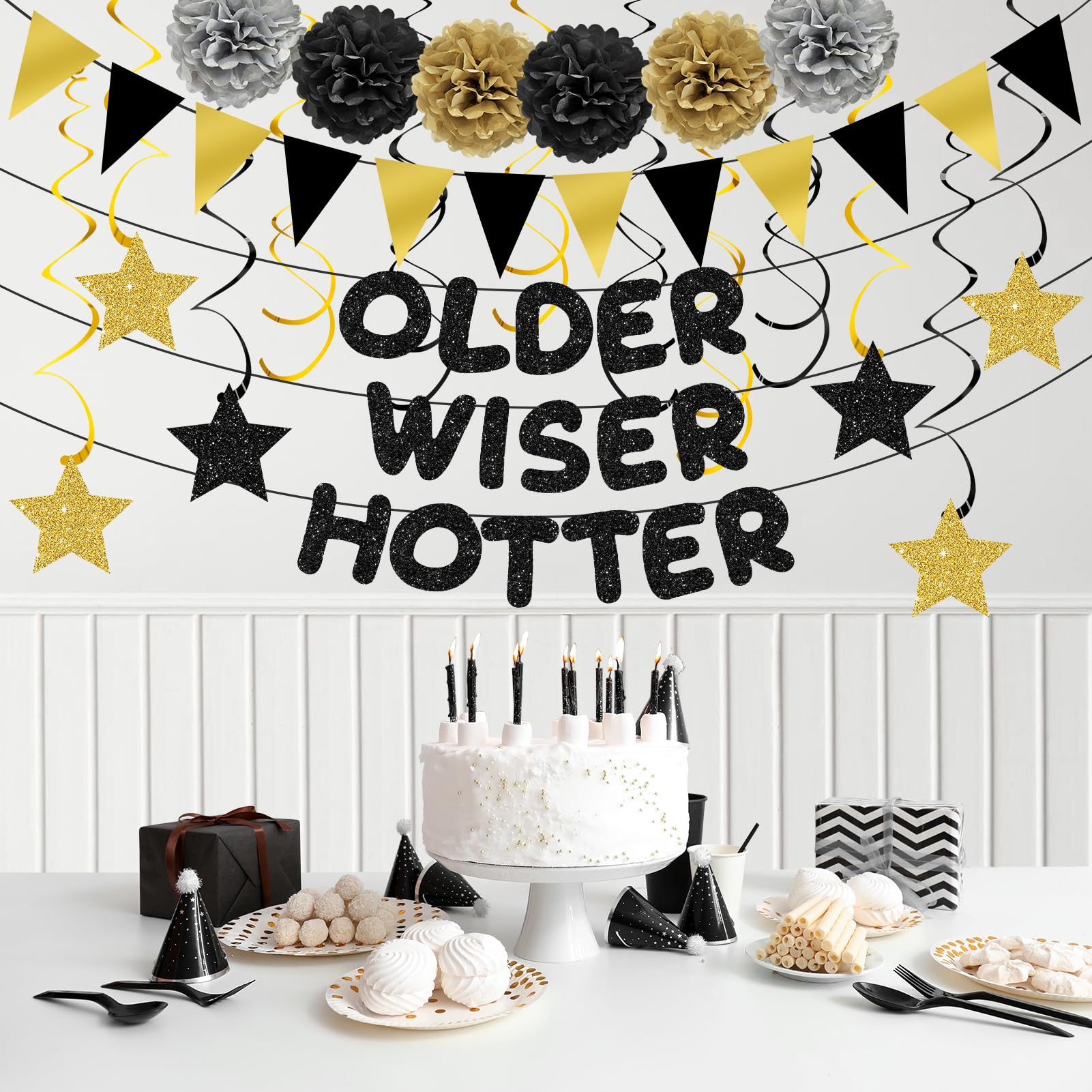 Turypaty Older Wiser Hotter Triangle Flag Birthday Banner Decorations Kit- Black Gold Glitter Birthday Decors for Men Women 30th 40th 50th 60th 70th 80th Paper Pompoms, Hanging Swirls Party Supplies