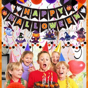 Oomloid Halloween Party Decorations Indoor - Happy Halloween Banner, Hanging Swirl Streamers, Halloween Sign Triangle Flag Bunting Halloween Supplies for Trunk or Treat Decorations