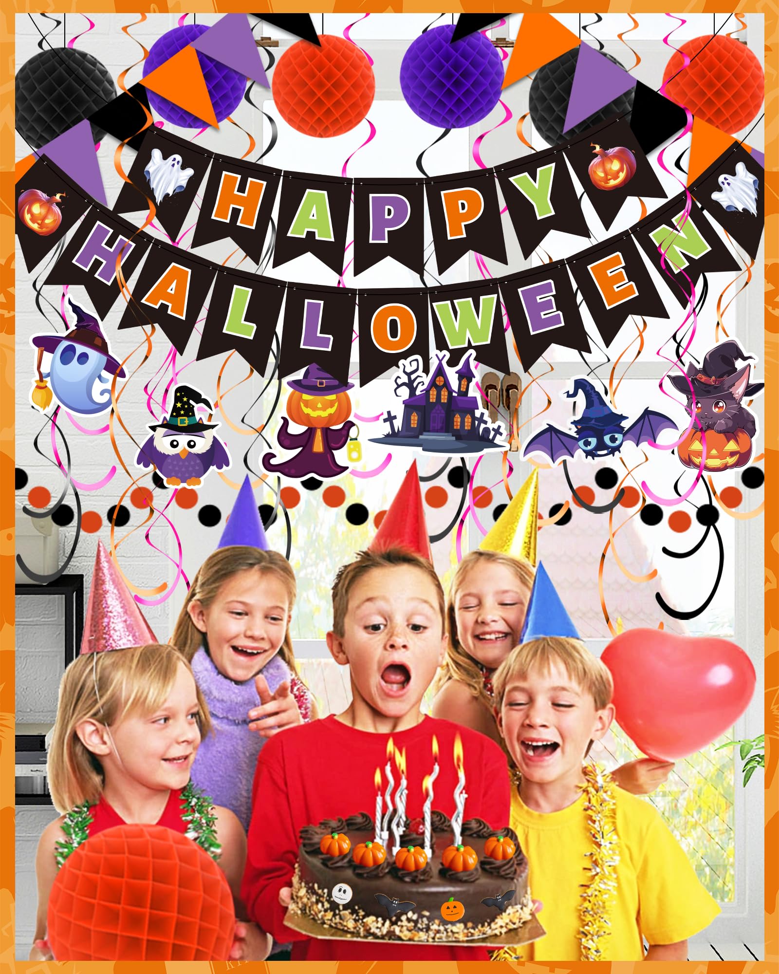 Oomloid Halloween Party Decorations Indoor - Happy Halloween Banner, Hanging Swirl Streamers, Halloween Sign Triangle Flag Bunting Halloween Supplies for Trunk or Treat Decorations