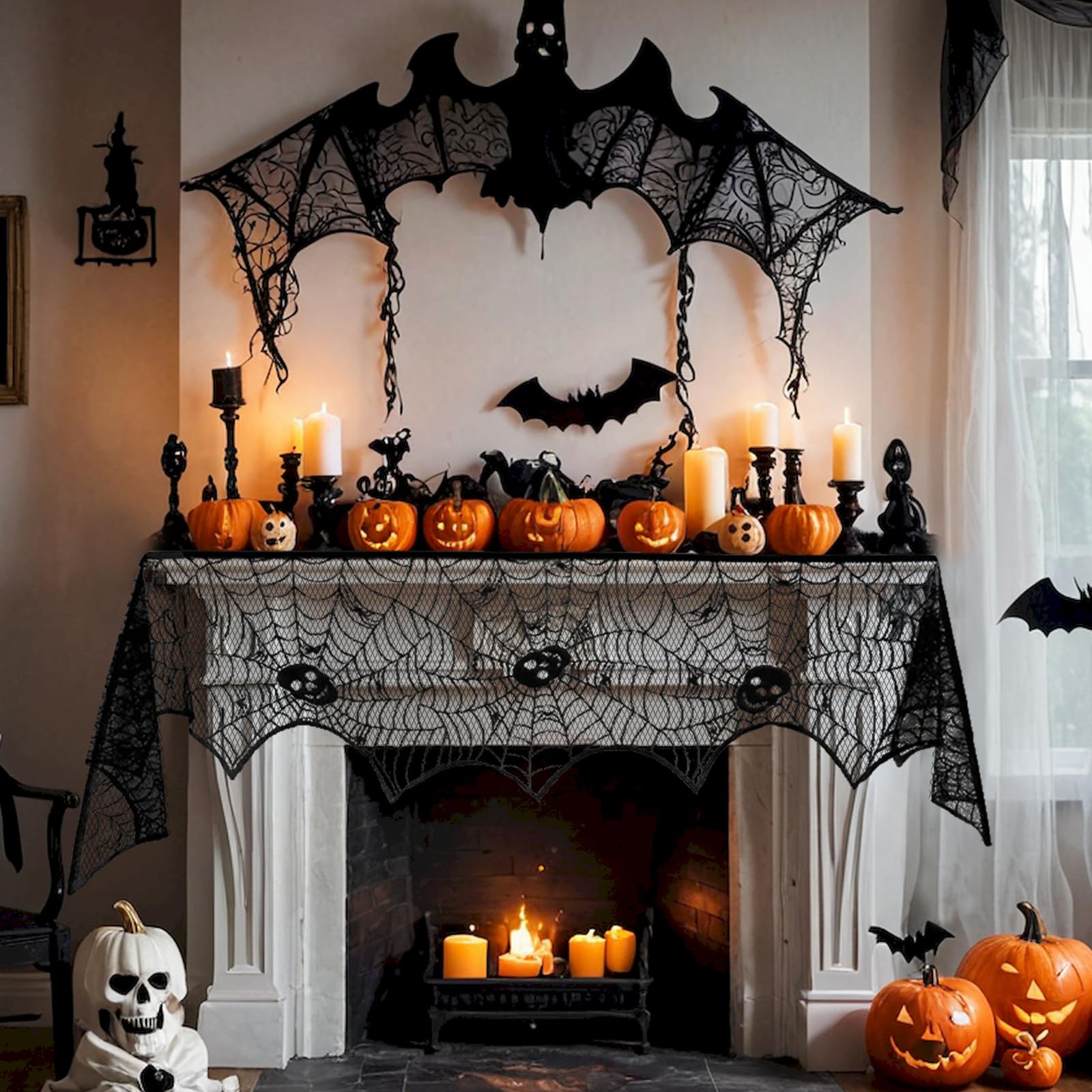 Habbiful Halloween Mantle Scarf for Table Window Indoor Curtain Kitchen Decoration Halloween Mantle Cover Black Lace Spiderweb Mantle Scarf for Halloween Fireplace Gothic Party Home Decoration