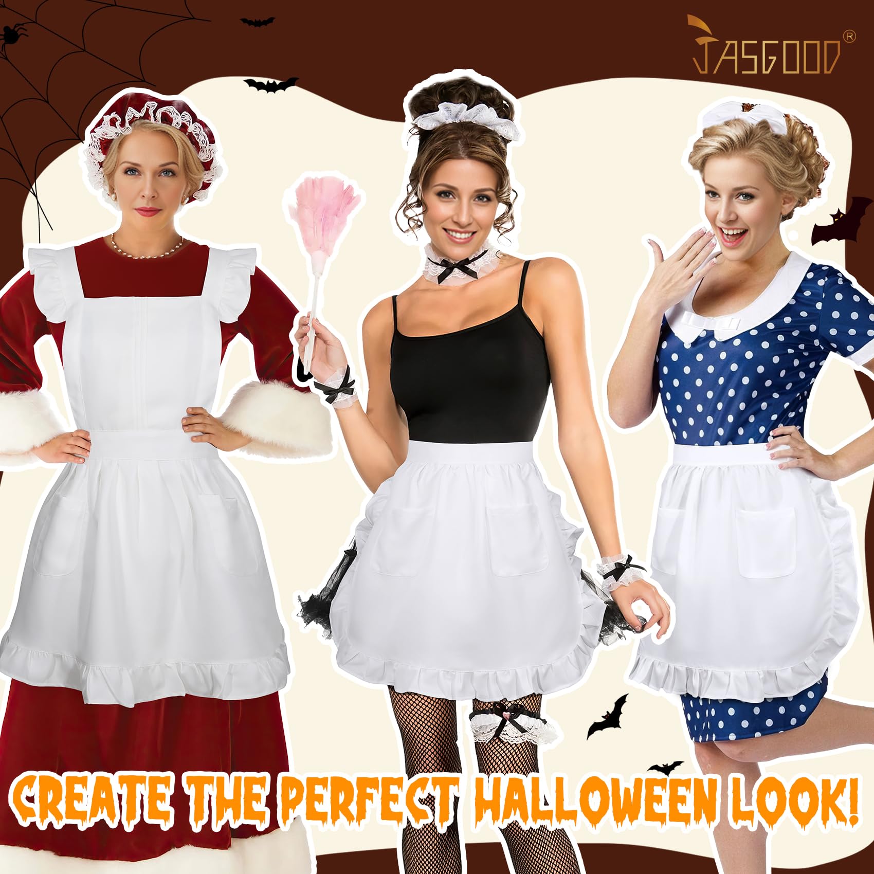 JASGOOD Women's Apron Kitchen Cooking Aprons with Pockets Vintage Maid Aprons for Halloween Costume