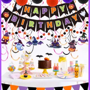 Happy Birthday Banner Halloween Birthday Party Decorations, Paper Pom Poms Triangle Flag Halloween Sign Hanging Garland Swirls Halloween Streamers for Birthday Party Supplies