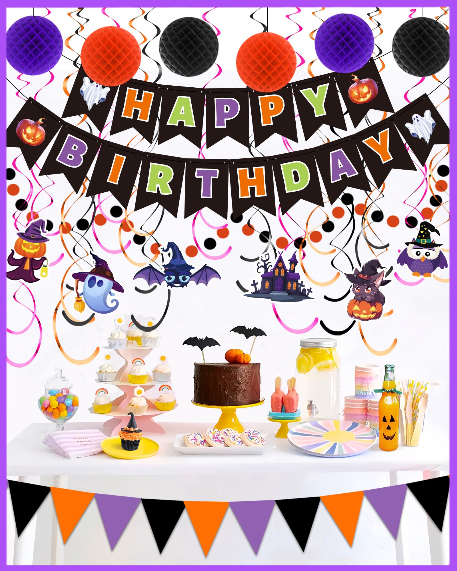 Happy Birthday Banner Halloween Birthday Party Decorations, Paper Pom Poms Triangle Flag Halloween Sign Hanging Garland Swirls Halloween Streamers for Birthday Party Supplies