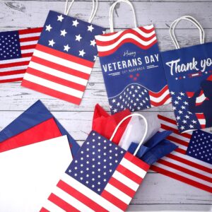 MIMIND 12 Pieces Veterans Day Gift Bags with Handle Patriotic Gift Bags with 24 Red Blue White Tissue Paper Thank You Veterans Goodie Gift Treat Bags for Veterans Day Memorial Day Independence Day