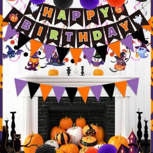 Happy Birthday Banner Halloween Birthday Party Decorations, Paper Pom Poms Triangle Flag Halloween Sign Hanging Garland Swirls Halloween Streamers for Birthday Party Supplies