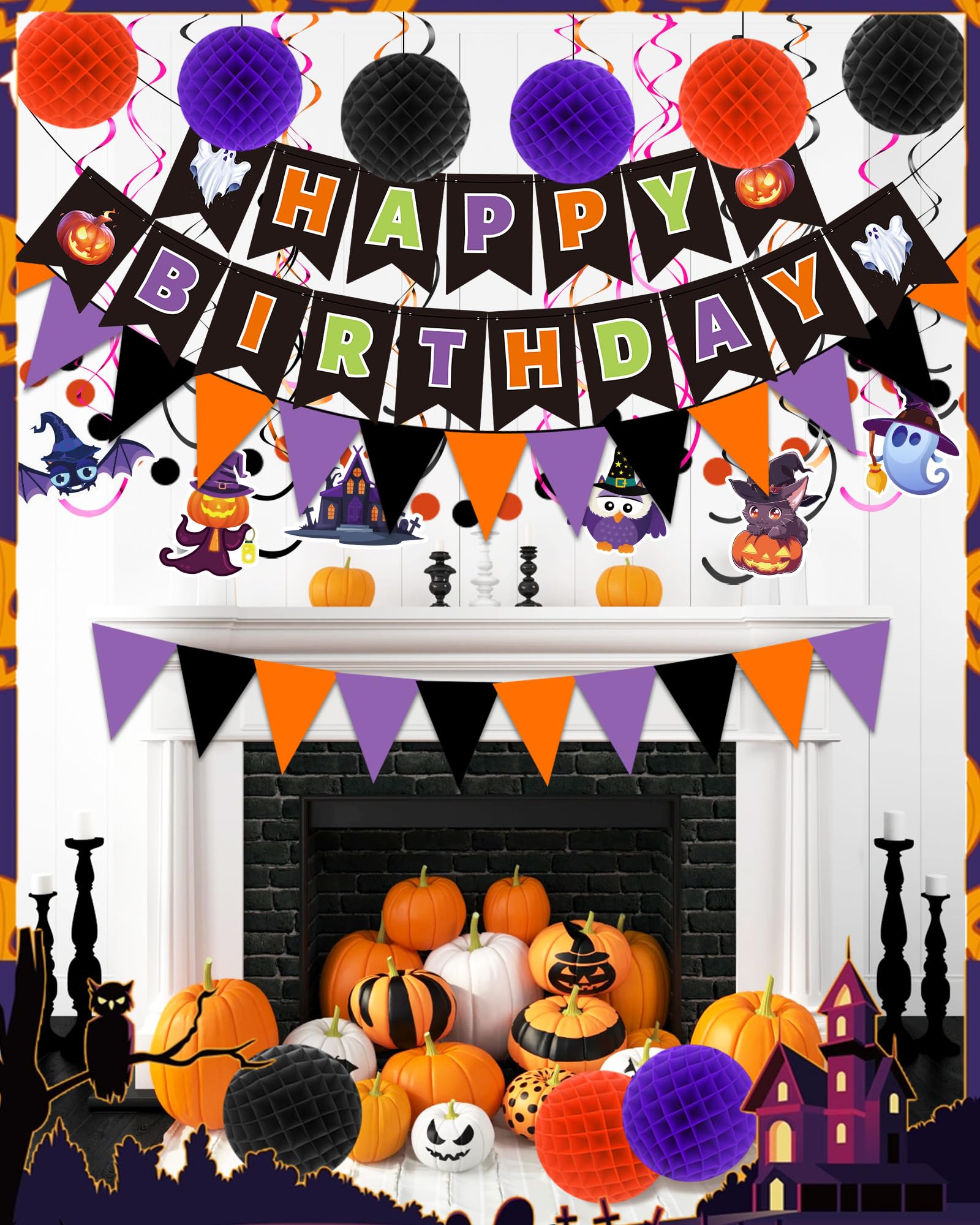 Happy Birthday Banner Halloween Birthday Party Decorations, Paper Pom Poms Triangle Flag Halloween Sign Hanging Garland Swirls Halloween Streamers for Birthday Party Supplies