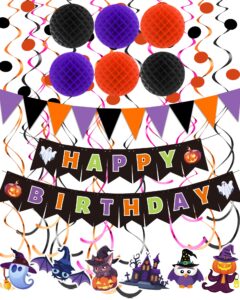 happy birthday banner halloween birthday party decorations, paper pom poms triangle flag halloween sign hanging garland swirls halloween streamers for birthday party supplies