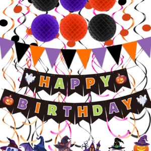 Happy Birthday Banner Halloween Birthday Party Decorations, Paper Pom Poms Triangle Flag Halloween Sign Hanging Garland Swirls Halloween Streamers for Birthday Party Supplies