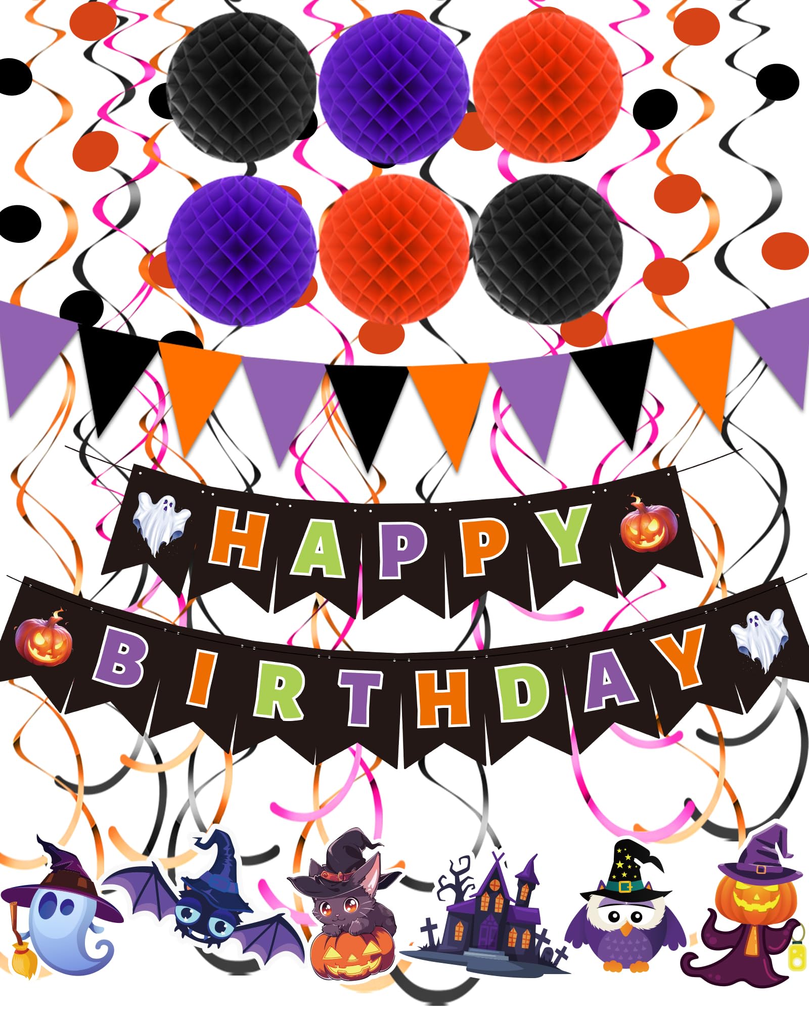 Happy Birthday Banner Halloween Birthday Party Decorations, Paper Pom Poms Triangle Flag Halloween Sign Hanging Garland Swirls Halloween Streamers for Birthday Party Supplies