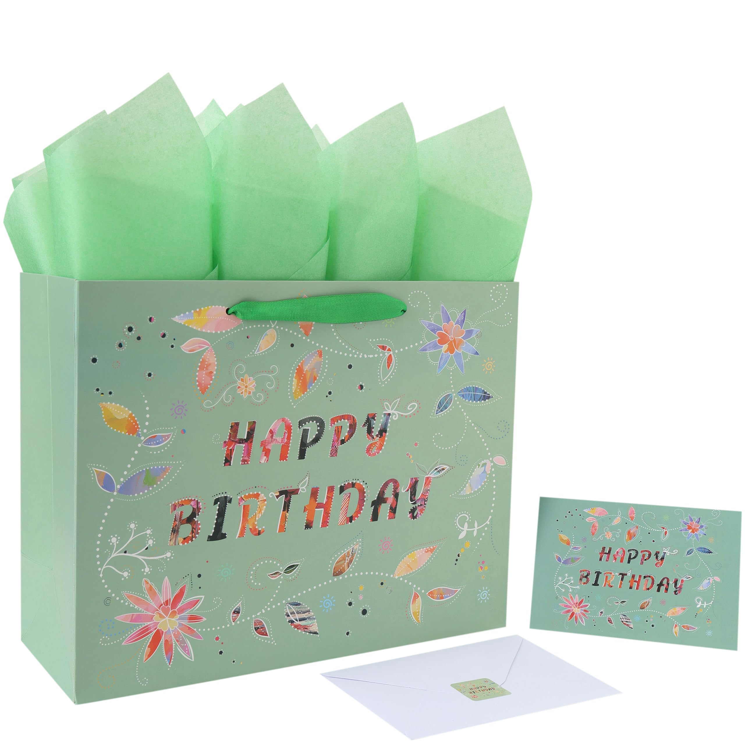 13” Large Happy Birthday Gift Bag Set with Handles, Greeting Card, Tissue Papers and Stickers for Women Girls, Green Floral Design, 1 Pcs