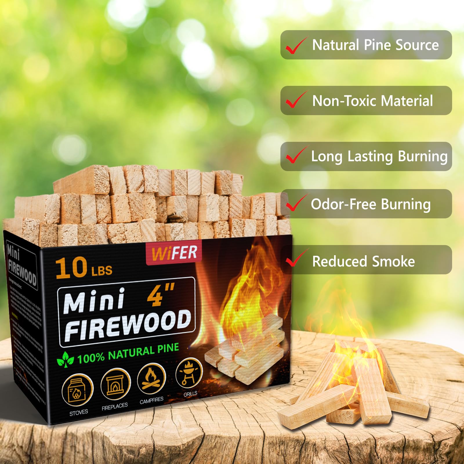 WiFER Mini Fire Stick with Fire Starter & Tongs, 4'' Kiln-Dried Pine Great Firewood for Wood Stoves, Tabletop Fire Pit, BBQ Grill, Pizza Oven, Solo Stove Accessories, BBQ Accessories, 10 lb Box