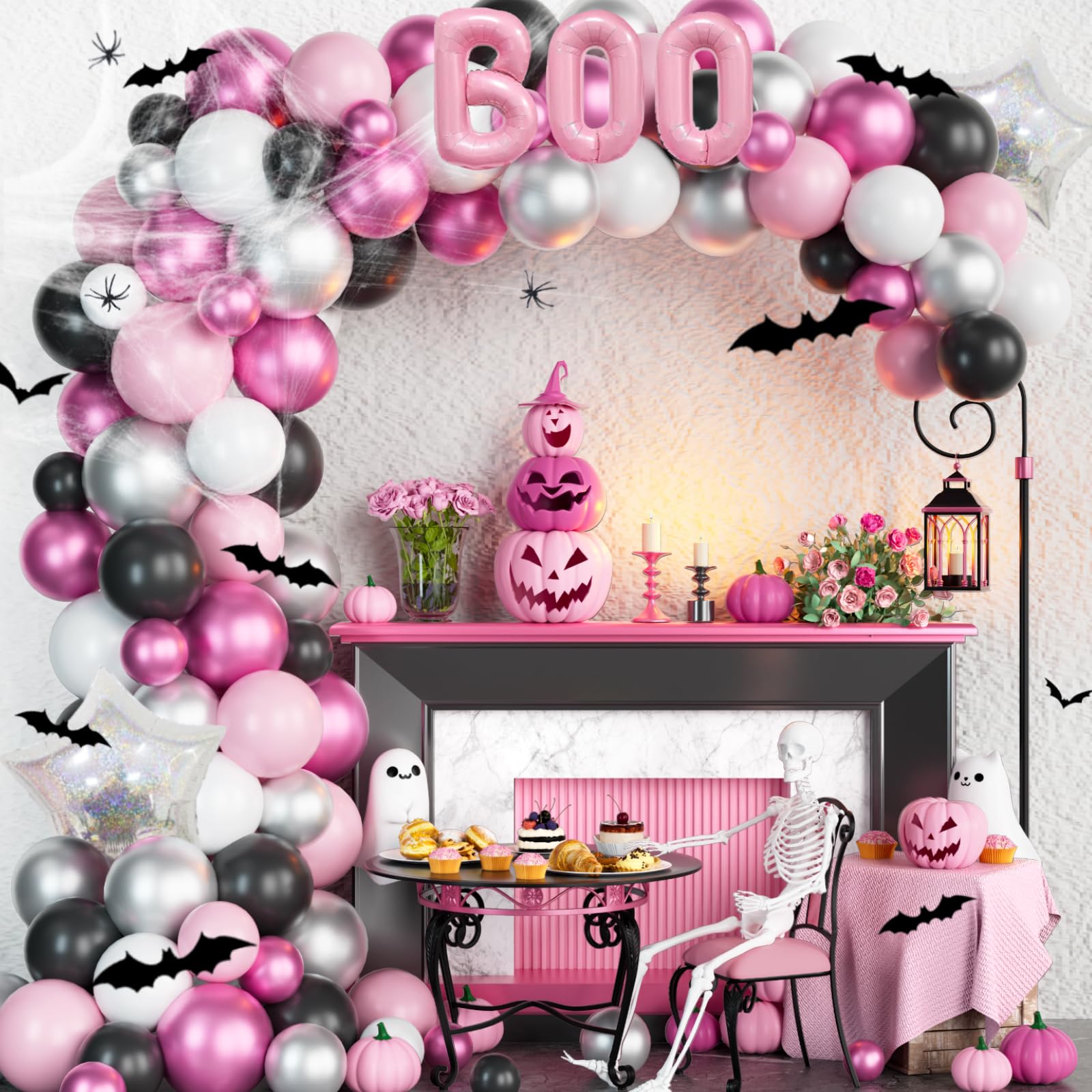 Fiesec Pink Halloween Balloon Garland Arch Kit, Halloween Themed Party Decorations with BOO Foil Balloons Spider Web Bat Ghost, Happy Boo Day Halloween Indoor Outdoor Yard Home Room Décor