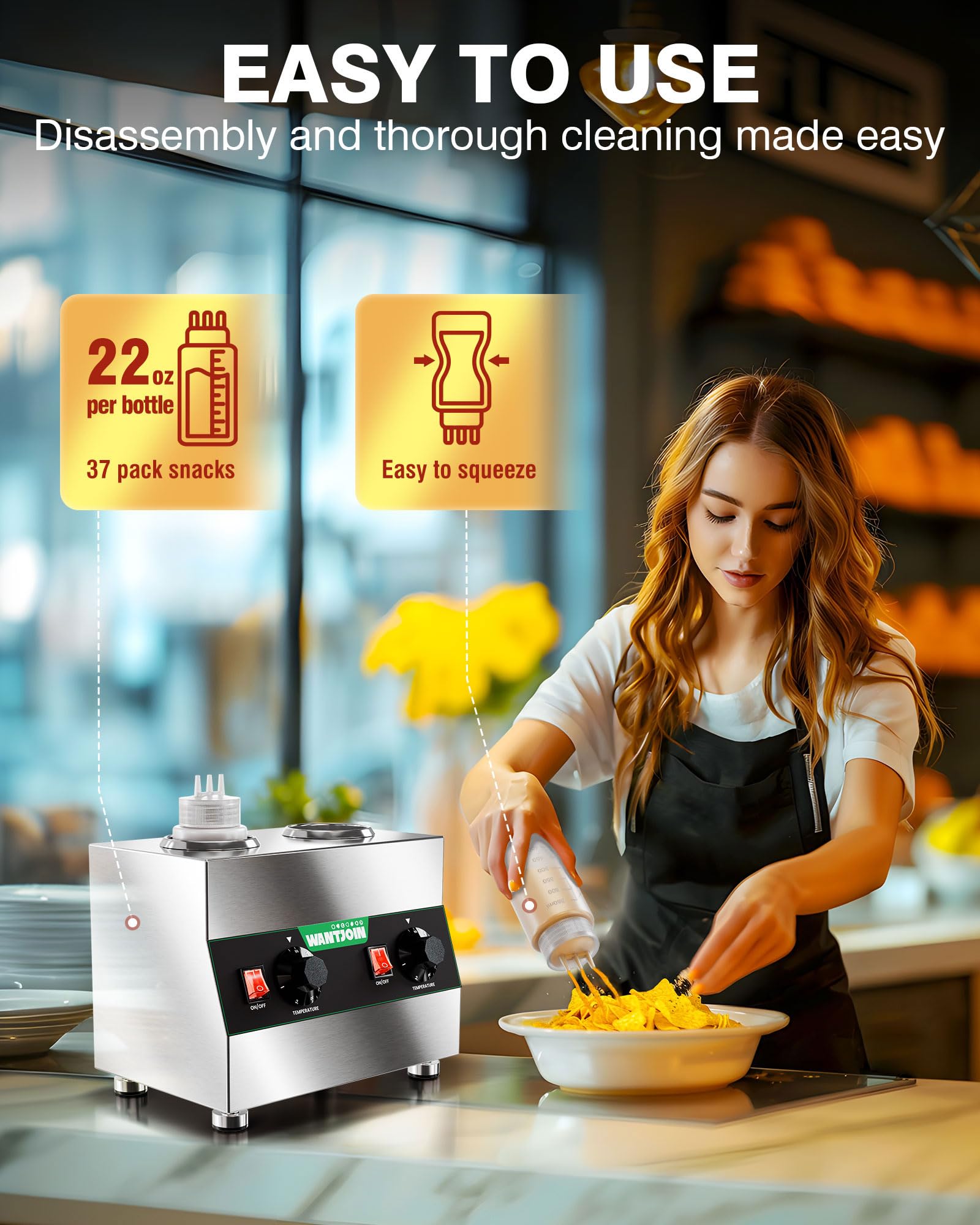 WantJoin Electric Sauce Warmer Dispenser - Countertop Stainless Steel Sauce Heat Preservation Machine 320W Hot Fudge Nacho Cheese Ketchup Chocolate Warmer for Commercial with 650ml Squeeze Bottle*2