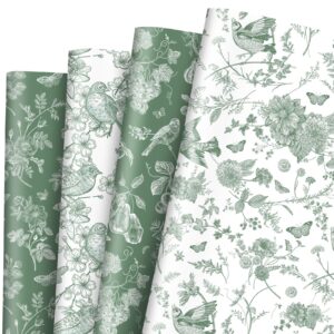 jarthenaamcs 8 sheet sage green floral wrapping paper -not roll- flower birds butterfly gift wrap paper white green folded flat art paper for birthday wedding diy crafts, 19.7 x 27.6 inch