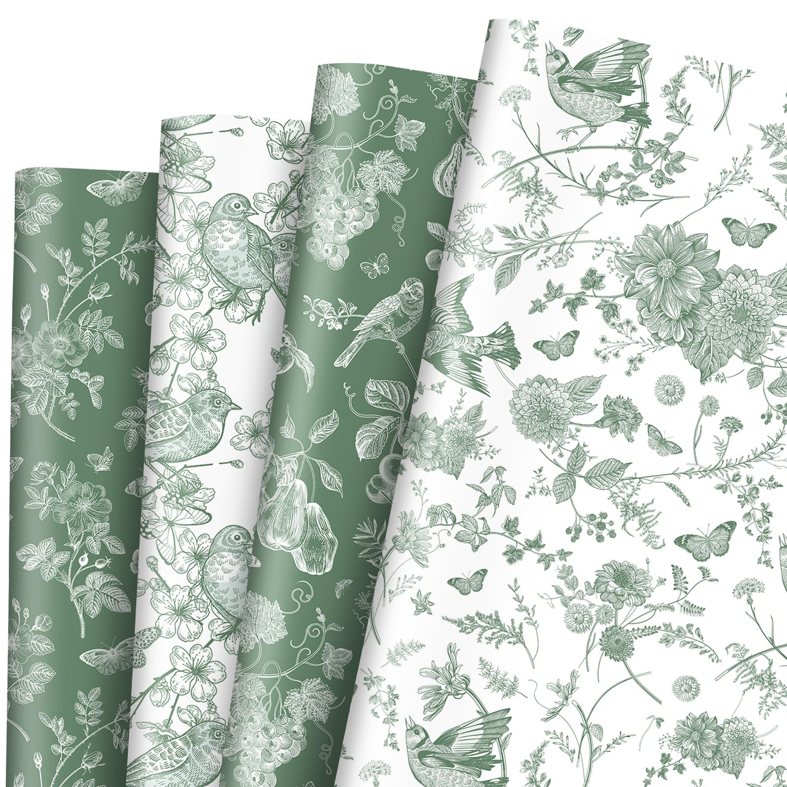 JarThenaAMCS 8 Sheet Sage Green Floral Wrapping Paper -Not Roll- Flower Birds Butterfly Gift Wrap Paper White Green Folded Flat Art Paper for Birthday Wedding DIY Crafts, 19.7 x 27.6 Inch