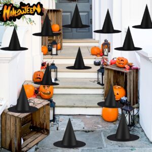 12 pcs halloween witch hats, black hanging witch hat, witch hats costume accessory decorations, black witch hat with 115 ft hanging rope for indoor outdoor halloween decorations for home yard porch