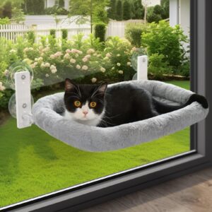 keny cat window perch with soft plush cushion bed, cordless cat window hammock with 3.54" larger suction cups, easy to assemble cat window bed seat for indoor cats, grey