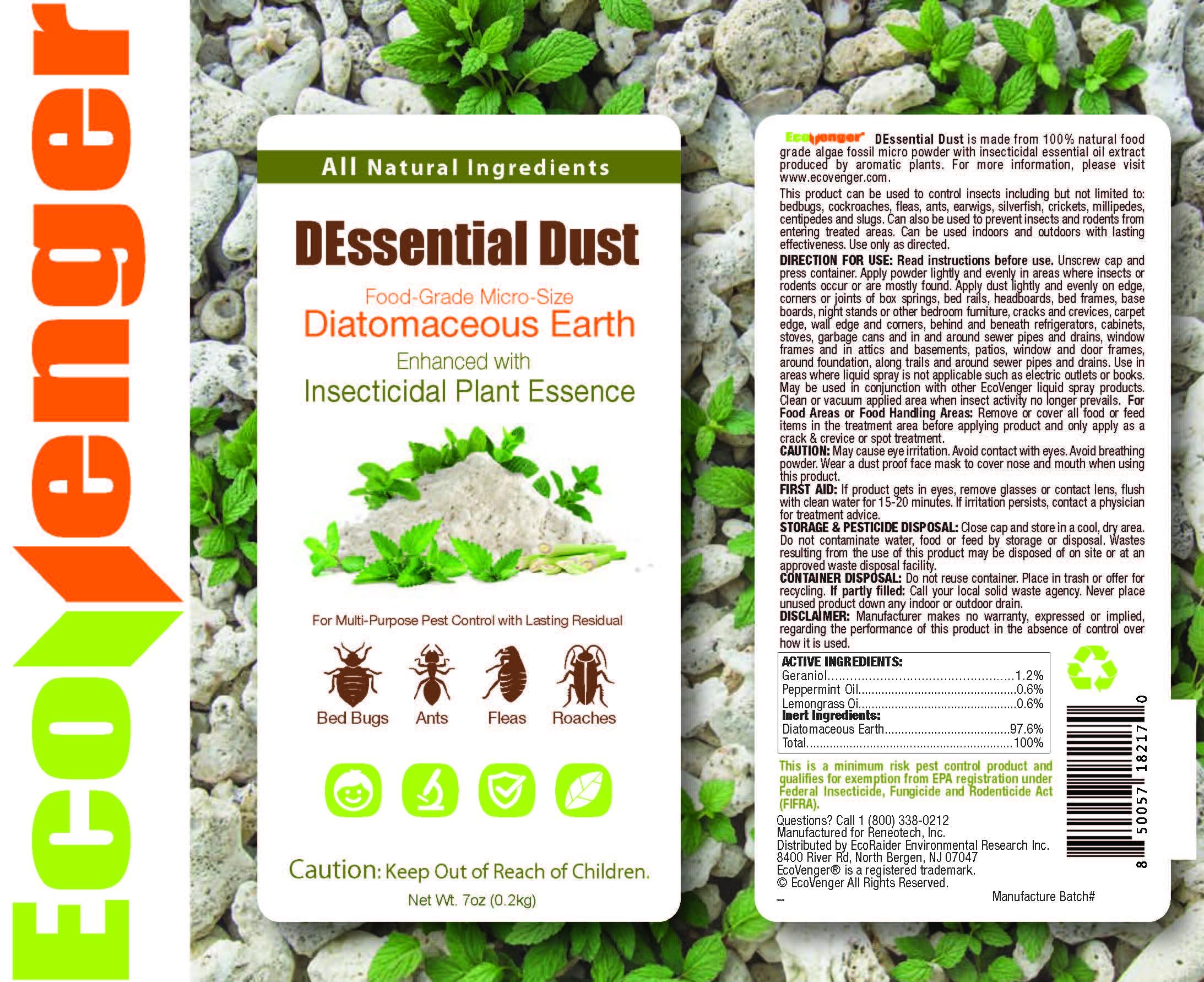 EcoVenger DEssential Dust, Kills Bed Bug, Roaches, Ants, Fleas, Crawling Insect Repellent, Food Grade Diatomaceous Earth Micro-Powder Triple Powered Peppermint/Lemongrass/Eucalyptus