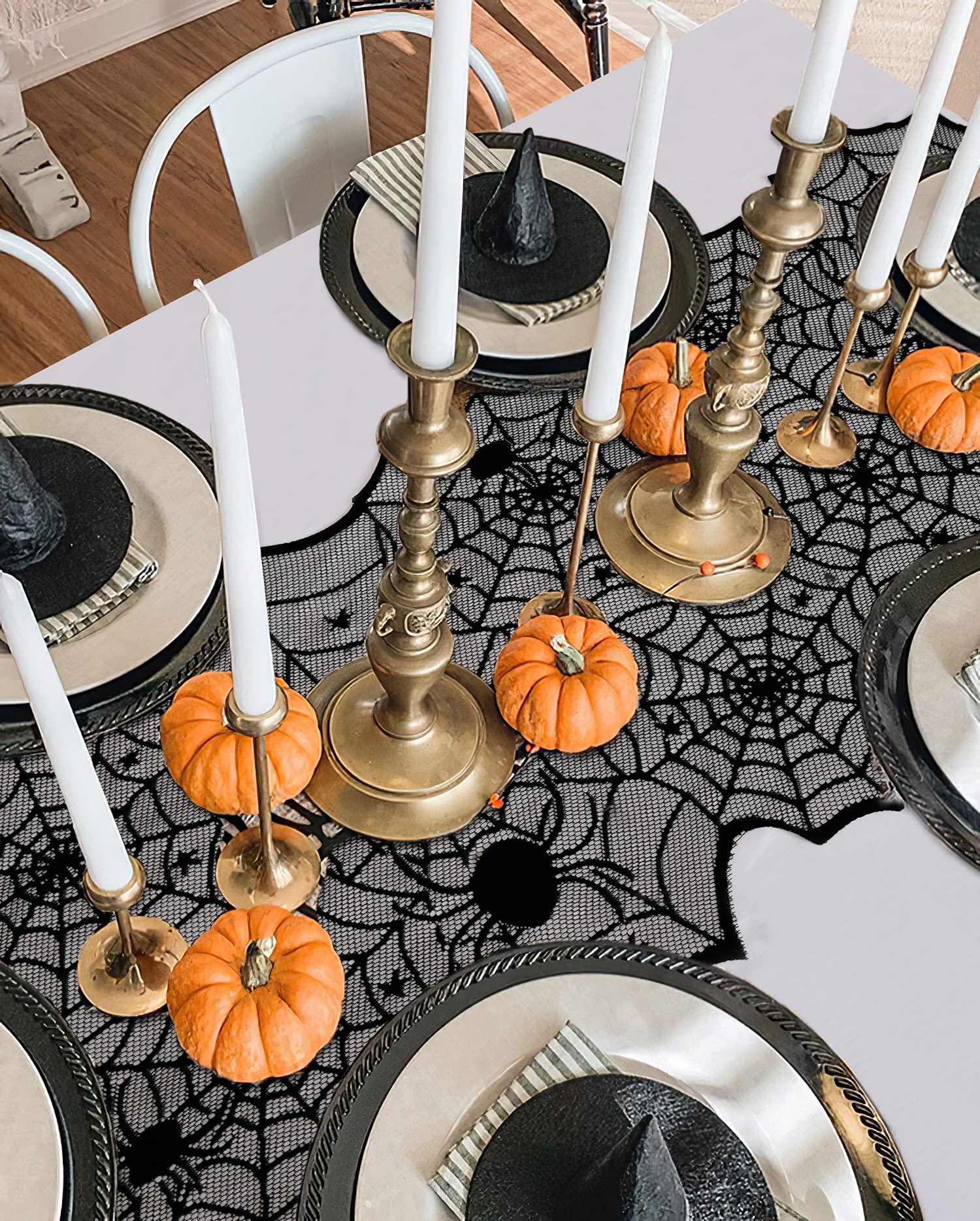 Black Halloween Table Runner Decor: Spider Web Black Table Linens 2 Packs 18 x 72 Inches Lace Runners for Halloween Party Dinner Fireplace Supplies