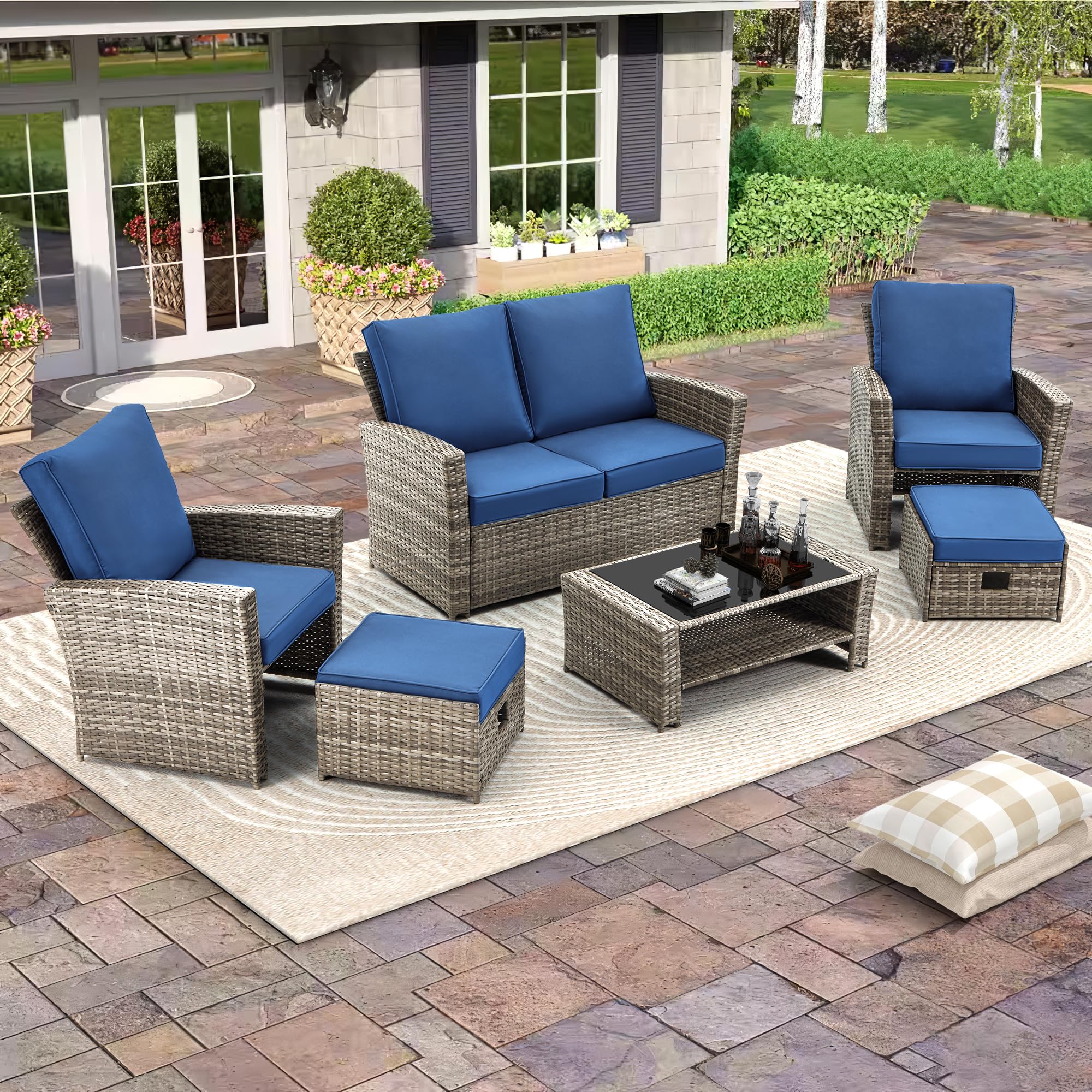 GYUTEI 6 Piece Patio Furniture Set Clearance, Outdoor Sectional Conversation Rattan Sofa Set with Ottoman and Outdoor Storage Table for Garden, Porch, Backyard (Navy Blue)