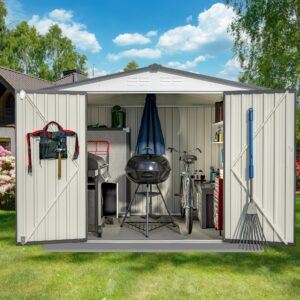 sumkea 8ftx6ft tool shed outdoor storage, galvanized steel metal shed, tool shed equipped with vents and lockable, outdoor tool shed ldeal for backyards, patio, gray white