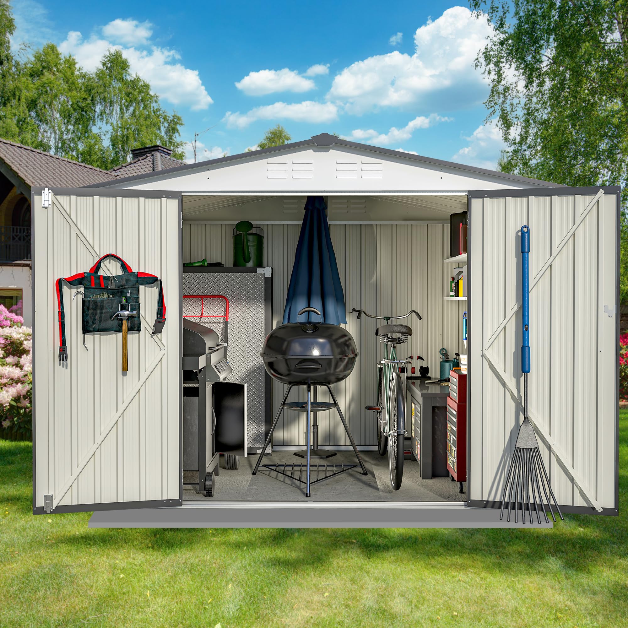 SumKea 8ftx6ft Tool Shed Outdoor Storage, Galvanized Steel Metal Shed, Tool Shed Equipped with Vents and Lockable, Outdoor Tool Shed Ldeal for Backyards, Patio, Gray White